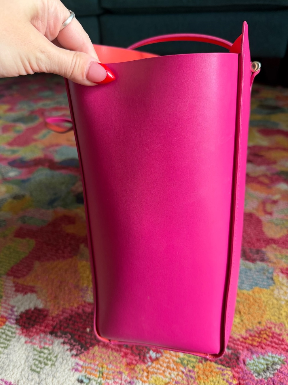 Large Hot Pink Kate Spade Tote w/ Orange-Red Lining - Picture 5 of 7